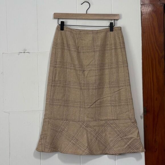 Vintage David N Wool Tan Plaid Ruffle Hem Midi Skirt Size 6 - Picture 1 of 3